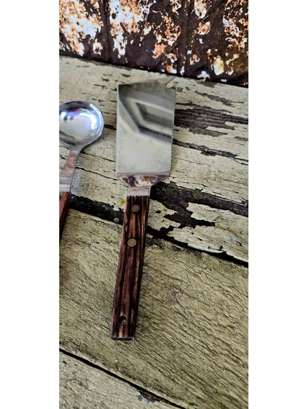 Vintage Vernco Mid Century Modern 5 pc Serving Set Stainless Japan Wood Handle